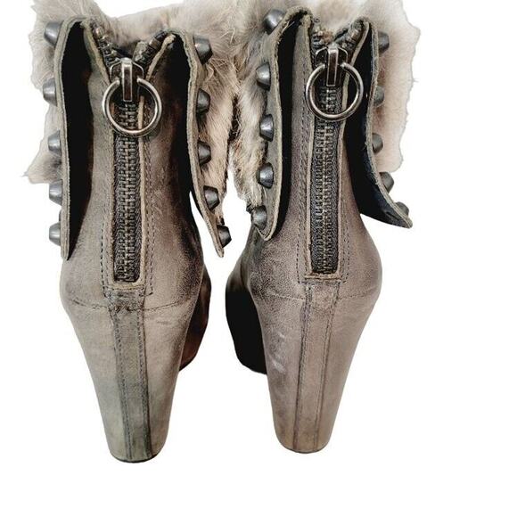 ASH Wedge Ankle Boots Women's Leather Fur Cuff Zip Studs Sz 7.5 EU 38 Gray Taupe - Picture 3 of 13